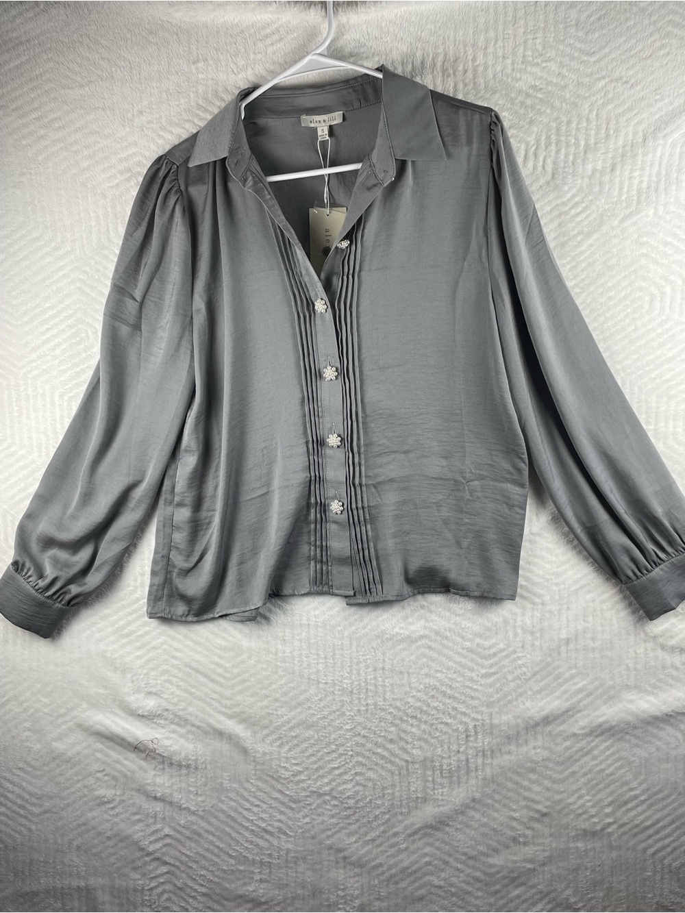 Alex & Lili Gray Satin Pintuck Button-Front Blouse with Decorative Buttons